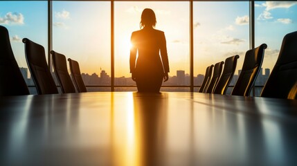 Silhouette of businesswoman at sunset in conference room professional environment inspirational perspective
