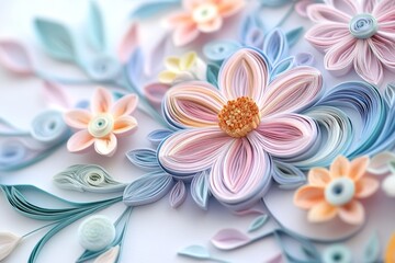 Highly detailed quilling art featuring delicate swirling floral patterns in pastel colors.