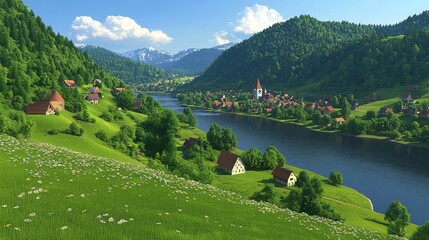 Obraz premium Picturesque River Village Alpine Valley Landscape
