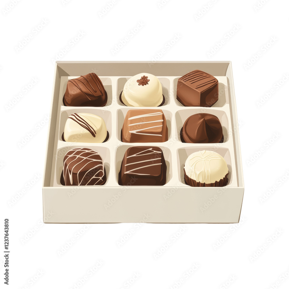 Poster a box of assorted chocolates showcasing various shapes and colors of milk and dark chocolate candies