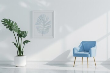 Simple interior design with a blue chair, a lush monstera plant, and a painting complementing the white walls.