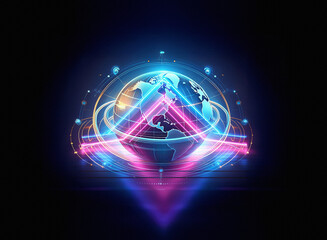 A mesmerizing double exposure image showcasing a glowing Earth encircled by vibrant, neon light trails.  The futuristic effect creates a sense of global connection and technological advancement.