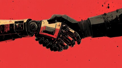 A robotic hand shaking hands with a human in a symbolic representation of human-AI collaboration