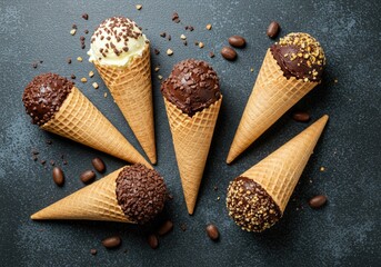 top view ice cream cones with different topping