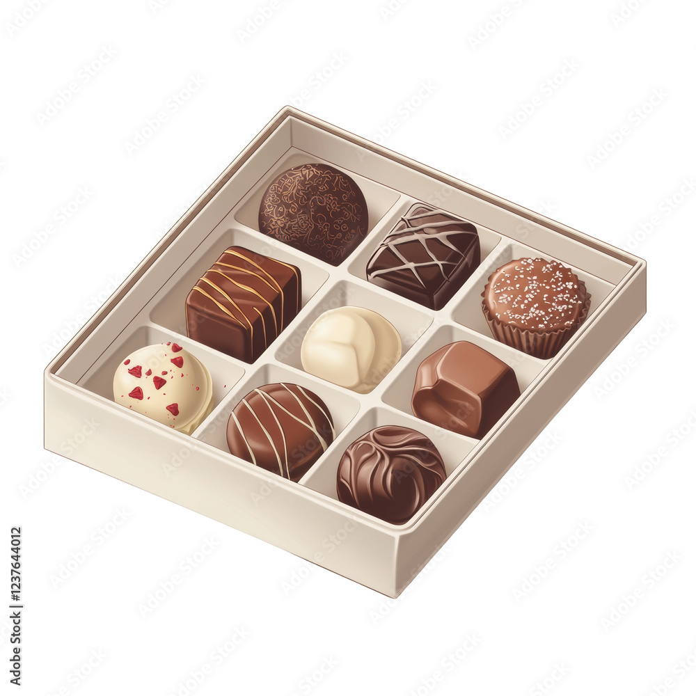 Poster An image shows a box of eight assorted chocolate candies each with a unique design and flavor.