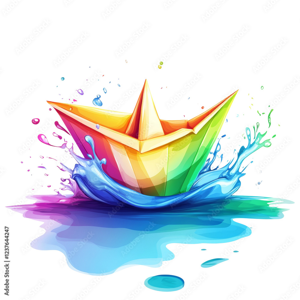 Poster a vibrant rainbow colored origami boat floats on a pool of colorful water creating a dynamic and art