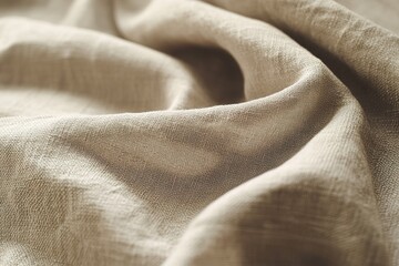 Close-up texture of crumpled beige linen fabric.