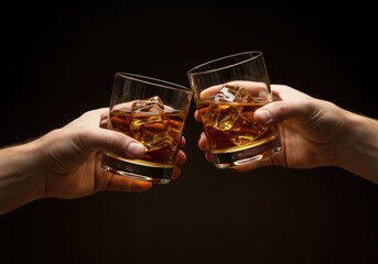 closeup of two hands toasting whiskey