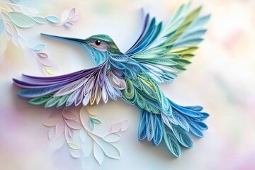 Obraz premium Amazing paper scroll creation of a hummingbird in mid-air With its wings spread wide, it was a delicate curved layer of strips of blue, green, and purple paper.
