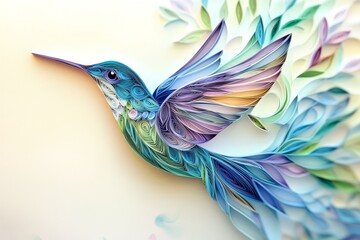 Obraz premium Amazing paper scroll creation of a hummingbird in mid-air With its wings spread wide, it was a delicate curved layer of strips of blue, green, and purple paper.