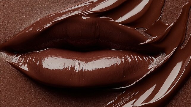 Close-up of glossy chocolate lips melting on brown surface