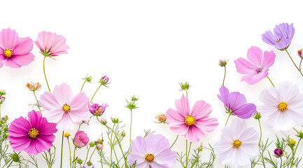 Fototapeta premium A beautiful cosmos arrangement, a decorative flower border, and blossoms on a white backdrop