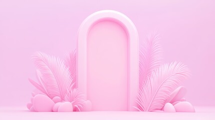 Pink Archway with Pastel Tropical Plants and Minimalist Background