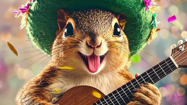 Squirrel celebrates with guitar and festive hat amidst colorful confetti Happy Cinco de mayo