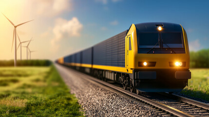 Fototapeta premium A vibrant yellow train travels along a railway track, with wind turbines in the background, set against a clear blue sky and green fields.