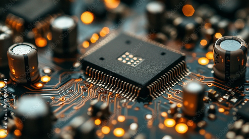 Poster close up view of a microchip on a circuit board