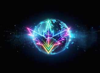 A vibrant double exposure image showcases a glowing, multifaceted symbol superimposed onto a dark, digital earth.  The symbol radiates energy, creating a futuristic and dynamic aesthetic.