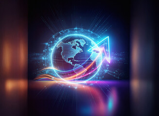 Obraz premium A double exposure image depicts a glowing earth encircled by an upward-trending arrow, symbolizing global growth and progress within a digital, technological context. Bright, neon colors and a reflec