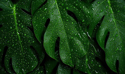 Fototapeta premium Lush Green Tropical Leaves with Water Droplets Glimmering in Natural Light, Creating a Fresh and Inviting Atmosphere for Nature Lovers