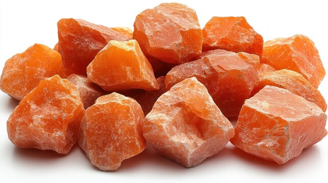 Orange calcite crystals pile, white background, geology