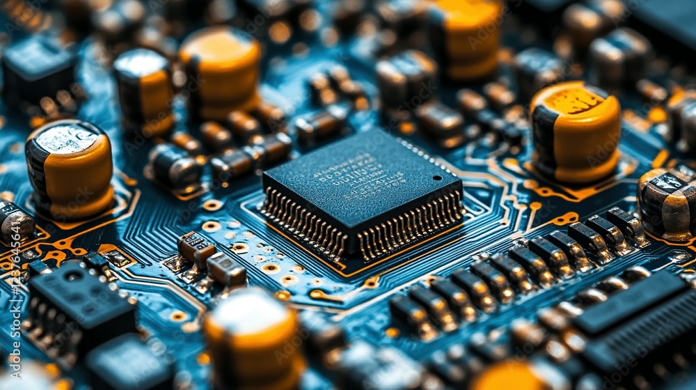 Poster closeup view of a circuit board with integrated components