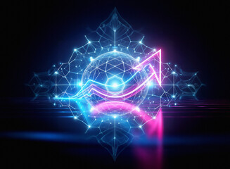 Obraz premium A vibrant double exposure image depicts a glowing upward arrow within a geometric sphere, set against a dark background with intricate, light-blue patterns. The arrow's neon pink and blue hues create