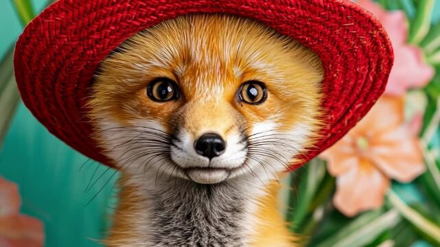Cute fox wearing red hat against floral background Happy Cinco de mayo