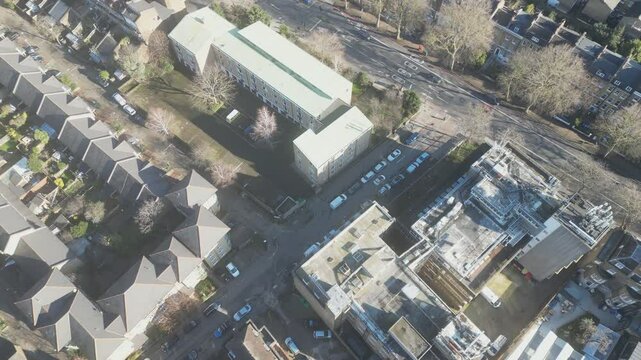 A high angle drone shot of the blocks of houses in London.