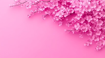 Fototapeta premium Pink Blossom Branches on Pink Background Spring Floral Design