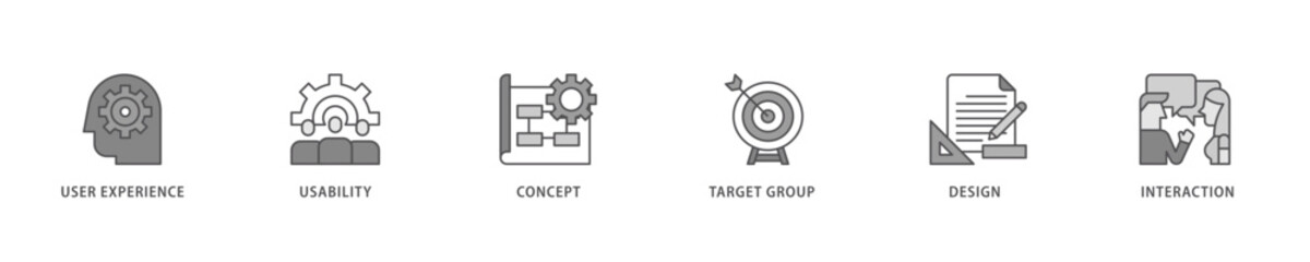 User interface design icon set flow process which consists of target group, interaction, design, concept, usability, user experience icon live stroke and easy to edit .