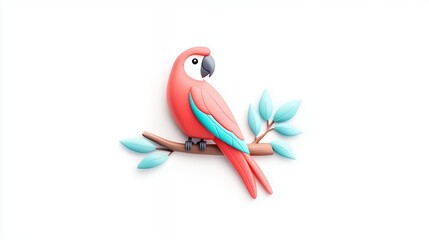 Clay Parrot on Branch Red and Teal Avian Sculpture on White