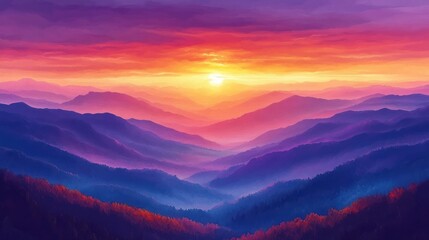 Obraz premium Vibrant sunrise over misty mountain valley