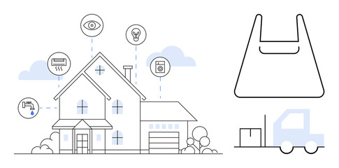 House with icons representing smart technology air conditioning, security cameras, and lighting. Delivery truck and package shown. Ideal for smart home, IoT, automation, security, energy efficiency