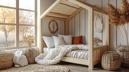 Cozy autumn bedroom, child's wooden bed, natural decor, window view