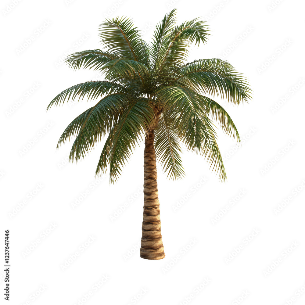 Poster The image shows a detailed rendering of a single palm tree isolated on a black background, showcasing its lush green foliage and textured trunk.