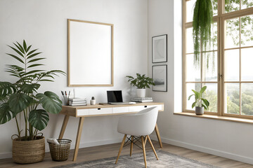 Bright Modern Home Office with Desk, Plants, and Natural Light