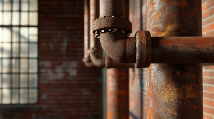 Rusty industrial pipes in vintage factory setting, showcasing weathered textures and colors. scene evokes sense of history and decay, highlighting beauty in imperfection