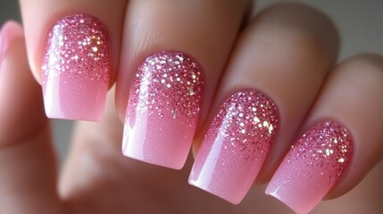 Obraz premium Pink Glitter Nail Art: Ombre Sparkle Manicure
