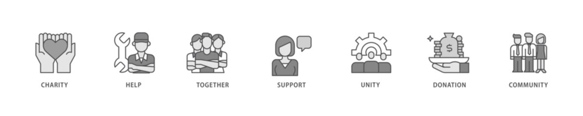 Volunteering icon set flow process which consists of charity, help, together, support, unity, donation, and community icon live stroke and easy to edit .