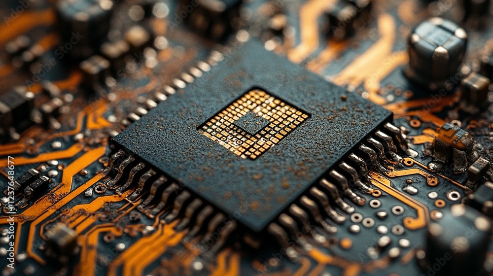 Poster closeup of a dusty microchip on a circuit board