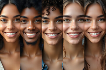 Fototapeta premium Collage of portraits and faces of multiracial group of various smiling young men and women, good use for userpic and profile picture. Diversity concept.