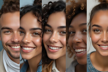 Collage of portraits and faces of multiracial group of various smiling young men and women, good use for userpic and profile picture. Diversity concept.