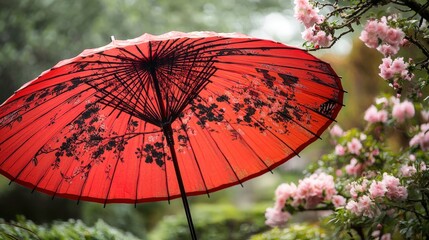 Crimson Canopy: A vibrant red Japanese parasol, adorned with delicate black floral designs, provides a splash of color against a backdrop of blossoming pink flowers and lush greenery.