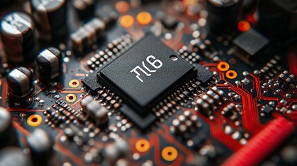 Close up of a circuit board with a microchip