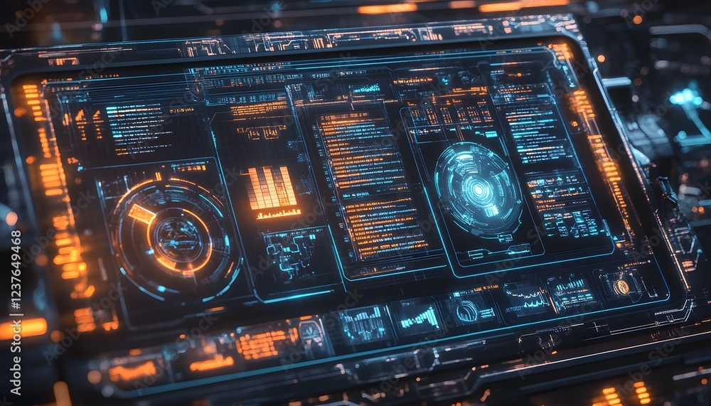 Poster futuristic digital interface displays complex data systems