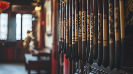 Obraz premium Ancient Chinese Calligraphy: A close-up view of intricately carved wooden sticks, showcasing traditional Chinese calligraphy in black ink.