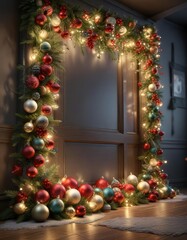 Holiday decoration with ornaments, garlands, and lights, decorations, holiday, garlands
