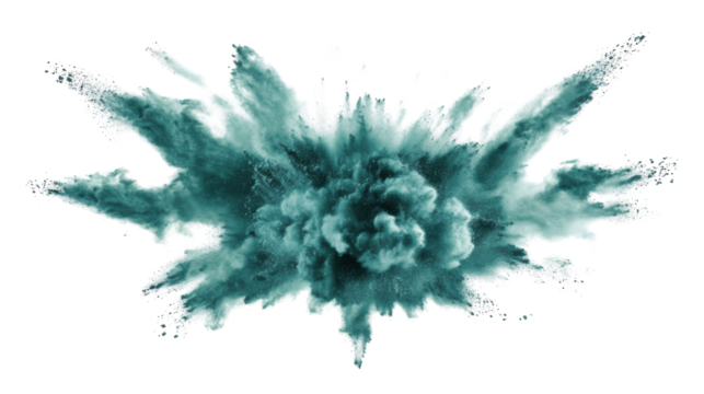 Turquoise powder exploding creating a big cloud on transparent background