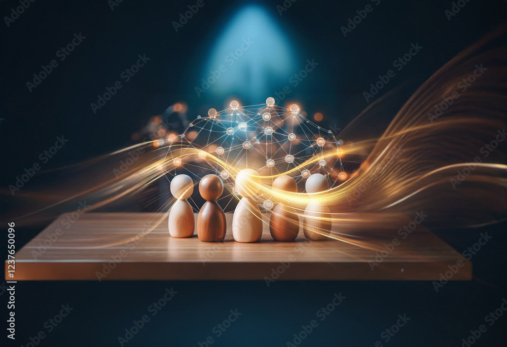 Poster wooden figures on a board are connected by glowing lines, a double exposure effect showcasing a netw