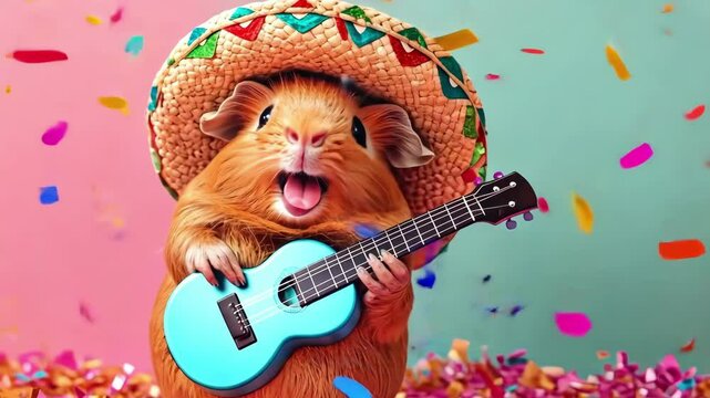 Happy guinea pig in sombrero playing blue ukulele with confetti background Happy Cinco de mayo